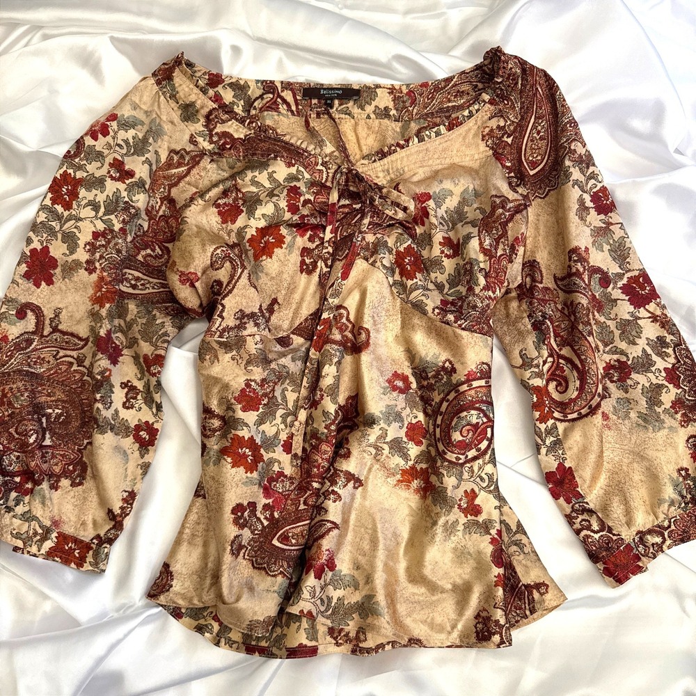 Belissimo New York Womens XL Paisley Floral Tie Front Blouse Tan Red Boho Top